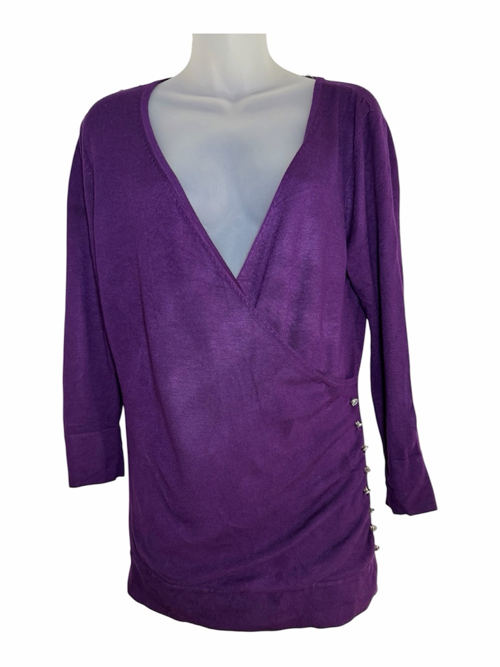 BCBGMAxAzria Purple Wrap Sweater Rhinestones Buttons Medium